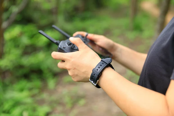 People Remote Control Flying Drone Summer Forest — Stockfoto