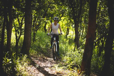 Mountain biking in summer forest