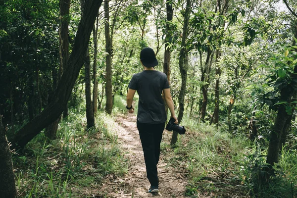 Woman Photographer Walking Summer Forest — Stockfoto