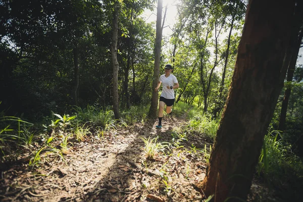 Trail runner running in summer forest trail