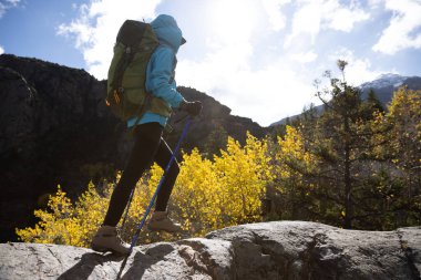 Güzel kış dağlarında yürüyüş yapan bir kadın.