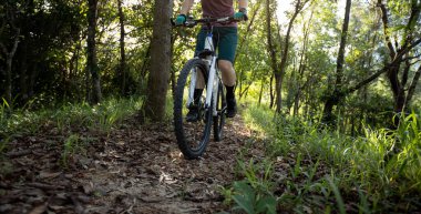 Mountain biking in summer forest