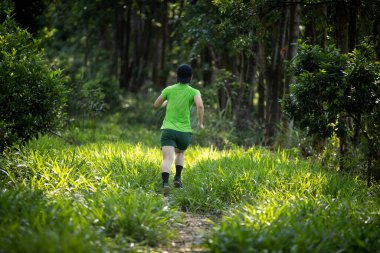 Woman trail runner running at tropical forest mountain peak
