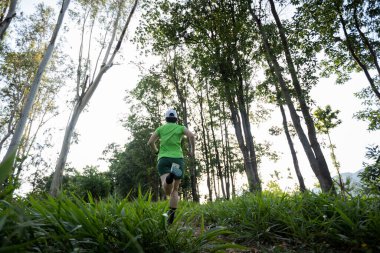 Woman trail runner running at sunrise tropical forest mountain peak