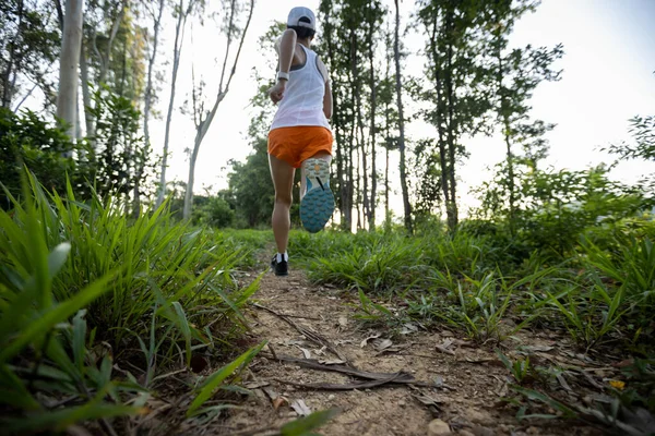 Woman Trail Runner Running Tropical Forest Mountain Peak — 图库照片