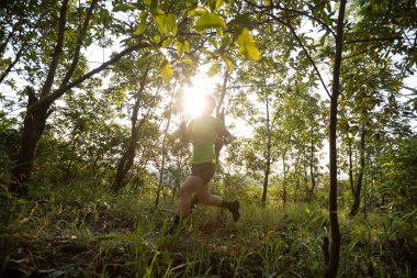 Woman trail runner running at sunrise tropical forest mountain peak
