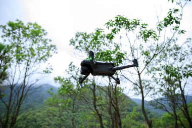 Flying drone in summer forest