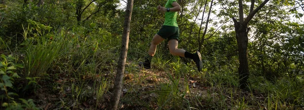 Woman Trail Runner Running Sunrise Tropical Forest Mountain Peak — Fotografia de Stock