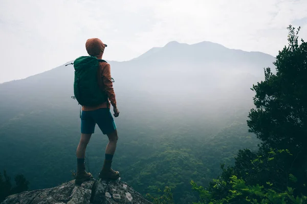 Erfolgreiche Wanderer Genießen Die Aussicht Auf Die Klippe Des Berges — Stockfoto