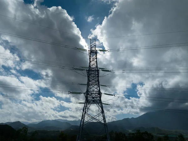 Aerial View Electricity Network Cloudy Background — Stock fotografie