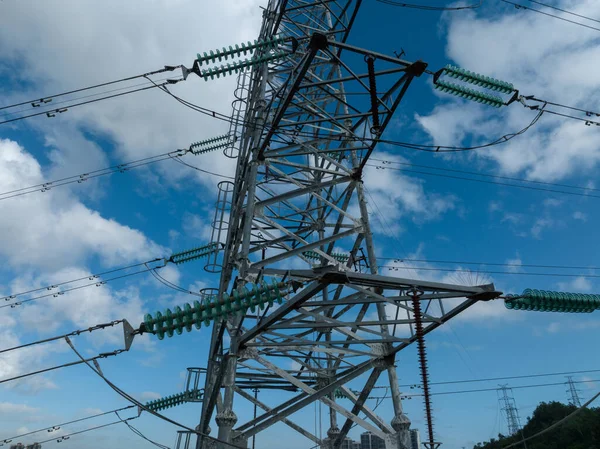 Aerial View Electricity Network Cloudy Background — Stock fotografie