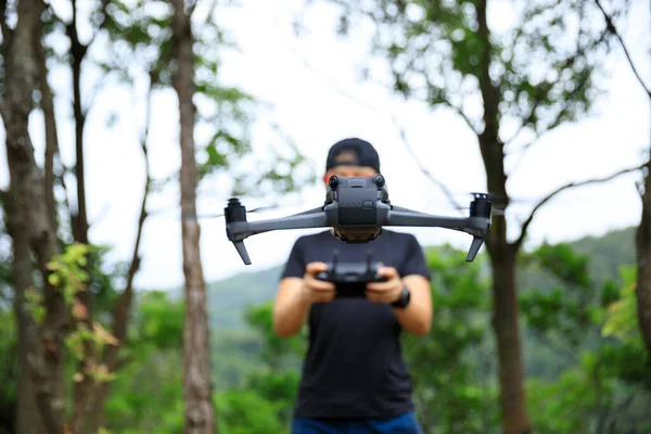 People Remote Control Flying Drone Summer Forest — Stok fotoğraf