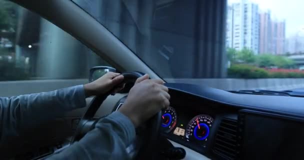 Vrouwelijke Handen Stuurwiel Auto Rijden Concept — Stockvideo