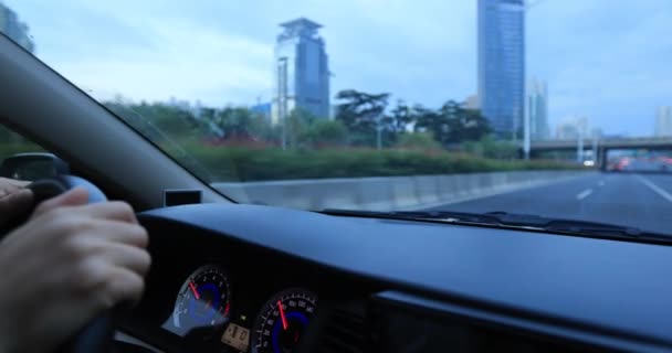 Woman Driving Car City Road — Stock Video