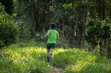 Woman trail runner running at sunrise tropical forest mountain peak