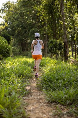 Trail runner running in summer forest trail