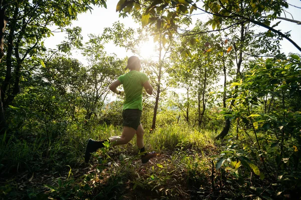 Woman Trail Runner Running Sunrise Tropical Forest Mountain Peak — Foto Stock