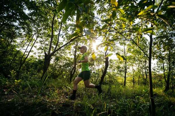 Woman Trail Runner Running Sunrise Tropical Forest Mountain Peak — Fotografia de Stock