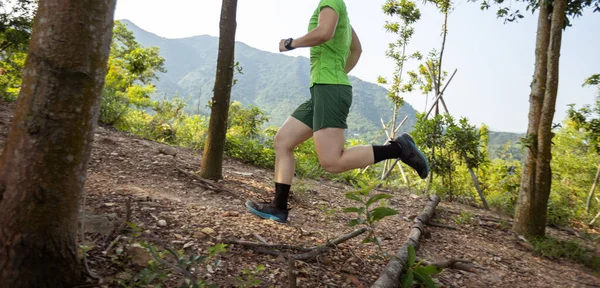Woman Trail Runner Running Tropical Forest Mountain Peak — Stockfoto