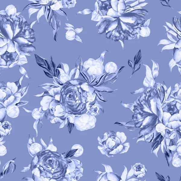 Watercolor blue floral seamless pattern for fabric. Watercolor peonies pattern repeat floral background for apparel, nursery, wallpaper, wrapping paper, home decor