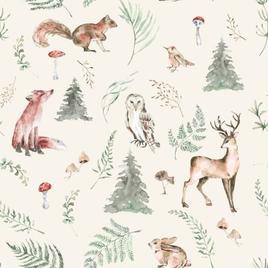 Kumaş, suluboya orman hayvanları, dikişsiz dijital kağıt, şirin hayvanlar çocuk dekorasyonu, tekstil, ambalaj kağıdı için desenleri tekrarlıyor.