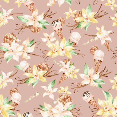 Kozmetik ürünleri için vanilya çiçeği deseni, ambalaj kağıdı. Vanilya sarısı çiçekler suluboya arka plan. Dondurma tekrarlama kalıbı 