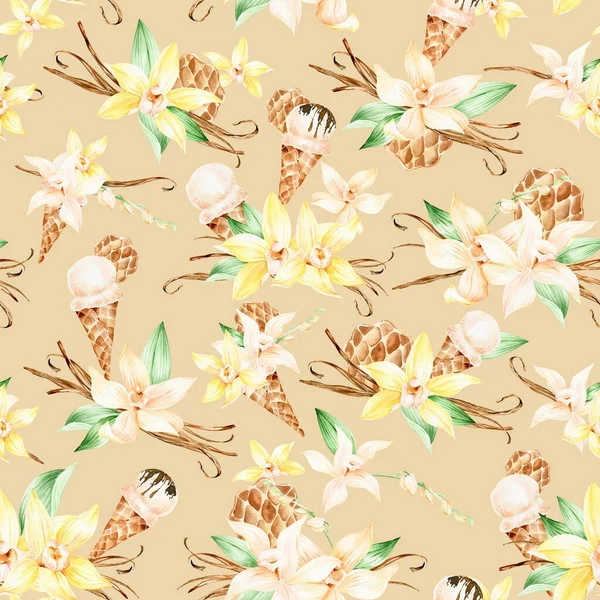 Vanilla Floral Pattern Cosmetics Wrapping Paper Vanilla Yellow Flowers Watercolor — Stock Photo, Image