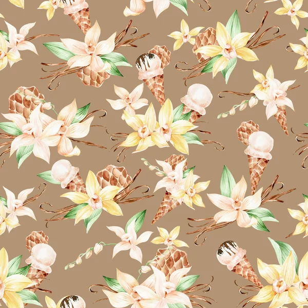Vanilla floral pattern for cosmetics, wrapping paper. Vanilla yellow flowers watercolor background. Ice cream repeat pattern
