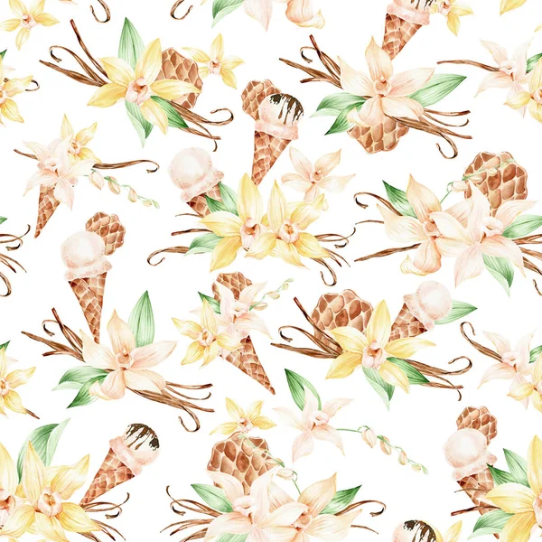 Vanille Blumenmuster Für Kosmetik Packpapier Vanille Gelbe Blumen Aquarell Hintergrund — Stockfoto