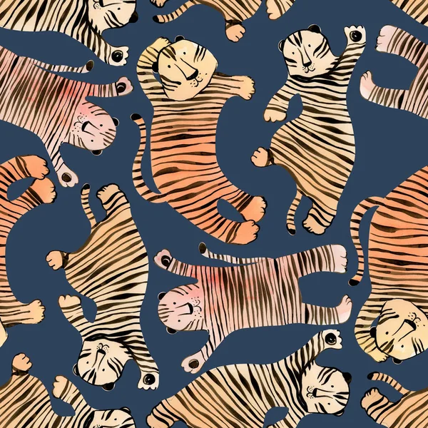 Watercolor cute tigers seamless pattern  on blue background. Great for wrapping paper, nursery decor, kids fabric. New year2022 symbol wild tiger on dark blue