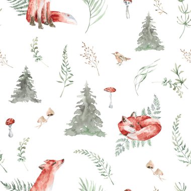 Kumaş, suluboya orman hayvanları, dikişsiz dijital kağıt, şirin hayvanlar çocuk dekorasyonu, tekstil, ambalaj kağıdı için desenleri tekrarlıyor.