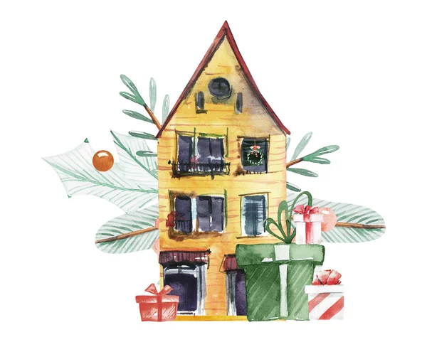 Casas Inverno Aquarela Rua Decorada Natal Decoração Natal Ilustração Presentes — Fotografia de Stock