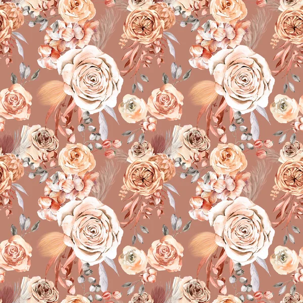 Watercolour Boho Seamless Pattern Fabric Beige Dusty Pink Roses Boho — Stock Photo, Image
