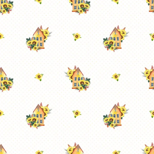 Aquarell Sonnenblumen Häuser Nahtlose Muster Für Stoff Niedliche Nahtlose Muster — Stockfoto