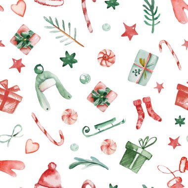 Kumaş için suluboya şirin noel deseni. İlk Noel dekorasyon örneğim. Yeşil ve kırmızı noel esasları. Tatil çocukları şablonu tekrarlıyor