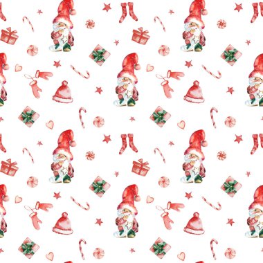 Kumaş için suluboya şirin noel deseni. İlk Noel dekorasyon örneğim. Yeşil ve kırmızı noel esasları. Tatil çocukları şablonu tekrarlıyor