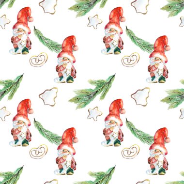 Kumaş için suluboya şirin noel deseni. İlk Noel dekorasyon örneğim. Yeşil ve kırmızı noel esasları. Tatil çocukları şablonu tekrarlıyor