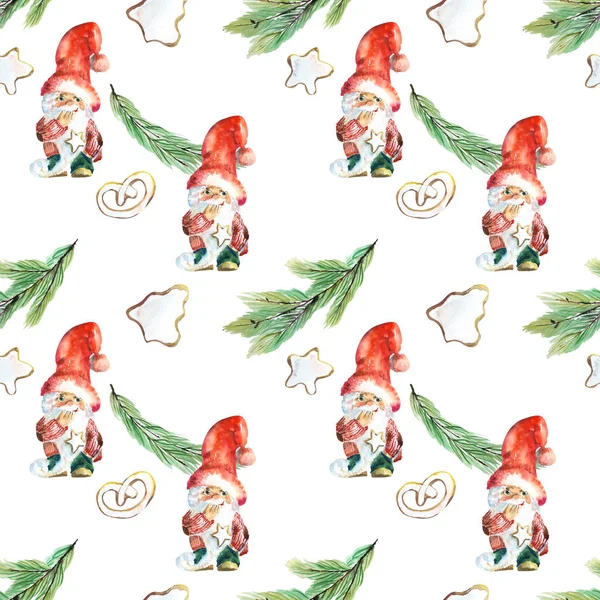 ファブリックのための水彩かわいいクリスマスパターン 私の最初のクリスマス装飾パターン 緑と赤のクリスマスの必需品 休日の子供の繰り返しパターン ストック画像