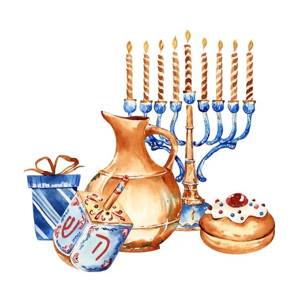 Jewish Holiday Hanukkah Banner Design Menorah Dreidel Traditional Bakery Jewish — Stock Photo, Image