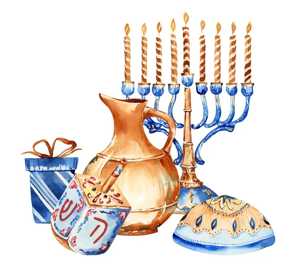 Jewish Holiday Hanukkah Banner Design Menorah Dreidel Traditional Bakery Jewish — Stock Photo, Image