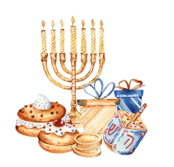 Joodse Vakantie Chanoeka Spandoek Ontwerp Met Menorah Dreidel Traditionele Bakkerij — Stockfoto