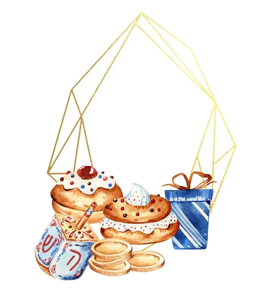 メノア ドリーデル 伝統的なパン屋さんとユダヤ人の休日のHanukkaバナーデザイン ユダヤ人のハヌカのフレーム ハッピーハヌカグリーティングカードテンプレート ロイヤリティフリーのストック画像