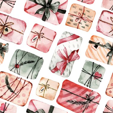 Suluboya hediye kutuları ambalaj kağıdı, kumaş, dijital yapıştırma kitabı için kusursuz desen. Güzel bir Noel deseni. Noel hediye kutuları arka planı tekrarlar
