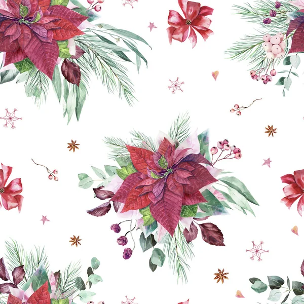 Winter Lantern Pattern Fabric Red Poinsettia Flower Digital Paper Christmas — Stock Photo, Image