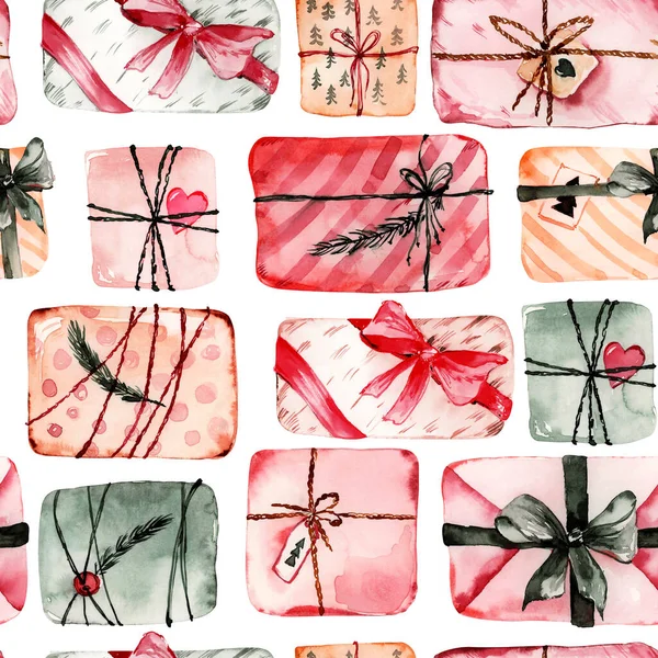 Aquarell Geschenkboxen Mit Nahtlosem Muster Zum Einwickeln Von Papier Stoff — Stockfoto