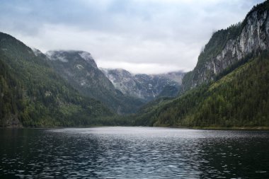 Dağlarda bulutlu tepeler, ve yeşil orman, Alp, Yukarı Avusturya, Salzkammergut