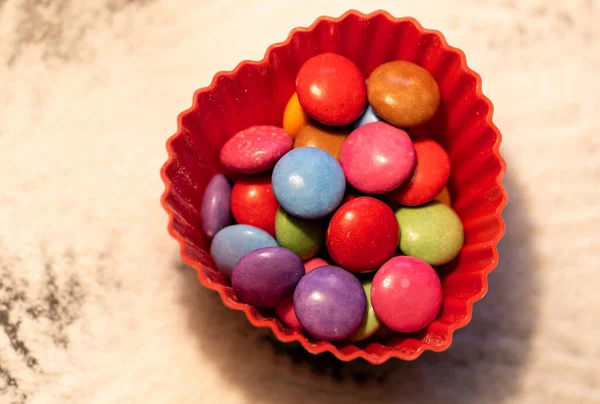 Red Heart Shaped Silicone Colorful Chocolate Balls White Background — Stock Photo, Image