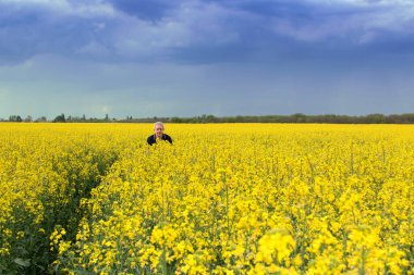 Kanola tarlasında bir adam, sarı renkli bir kolza ya da kolza bahar günü bulutlu mavi gökyüzüne karşı açar, mükemmel kırsal alan ya da tarımsal arka plan.