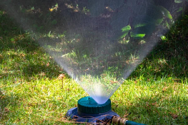 Sprinkler Der Wasser Versprüht Den Garten Wässert — Stockfoto