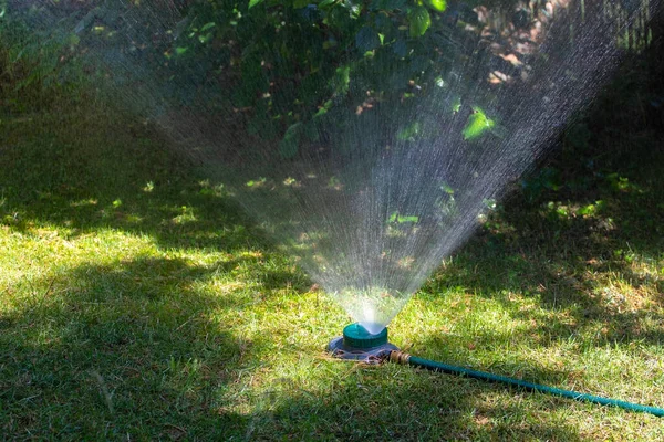 Sprinkler Der Wasser Versprüht Den Garten Wässert — Stockfoto